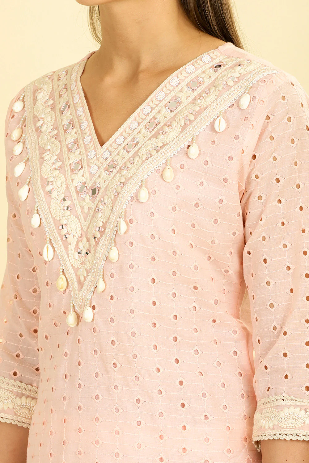 Pink Cotton Hacoba Style Neck-Embroidered Kurta Set - Image 5