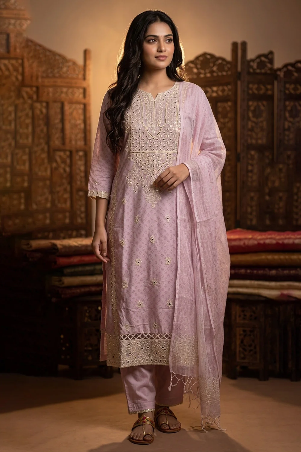 Pink Cotton Mirror Work & Resham Embroidered Suit - Image 3