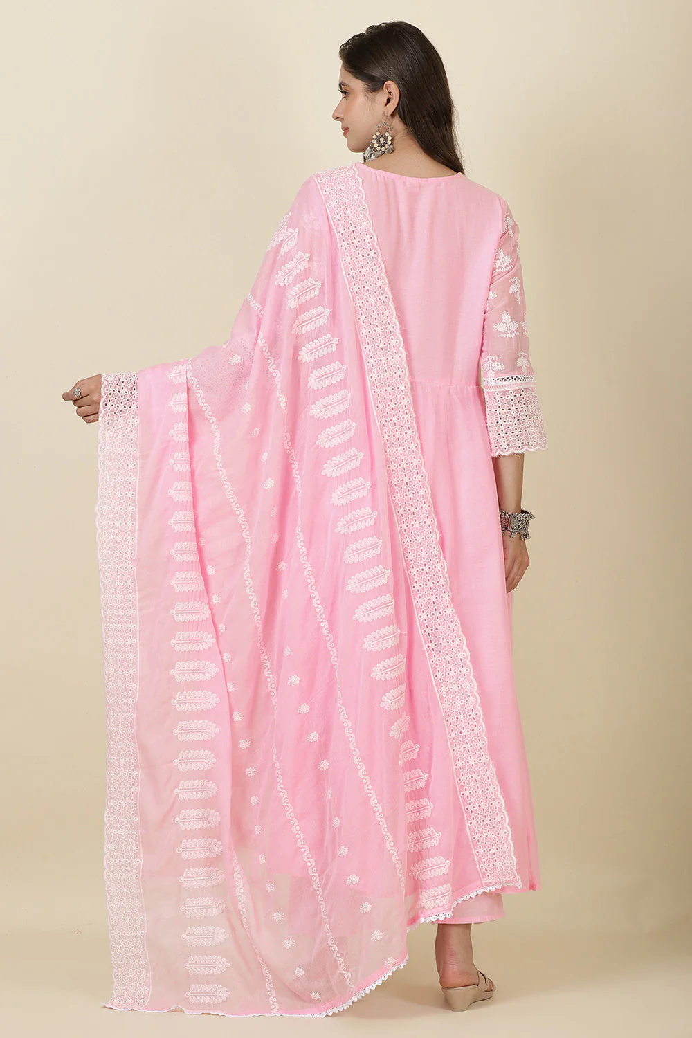 Pink Cotton Resham Embroidered and Lace Work Anarkali Suit - Image 3
