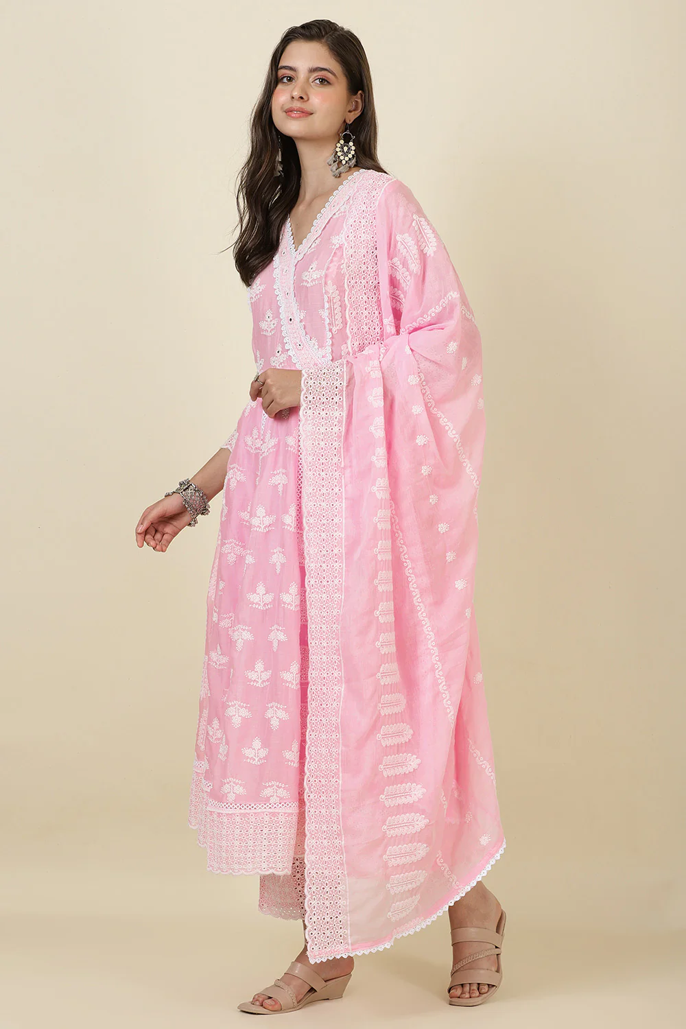 Pink Cotton Resham Embroidered and Lace Work Anarkali Suit - Image 4