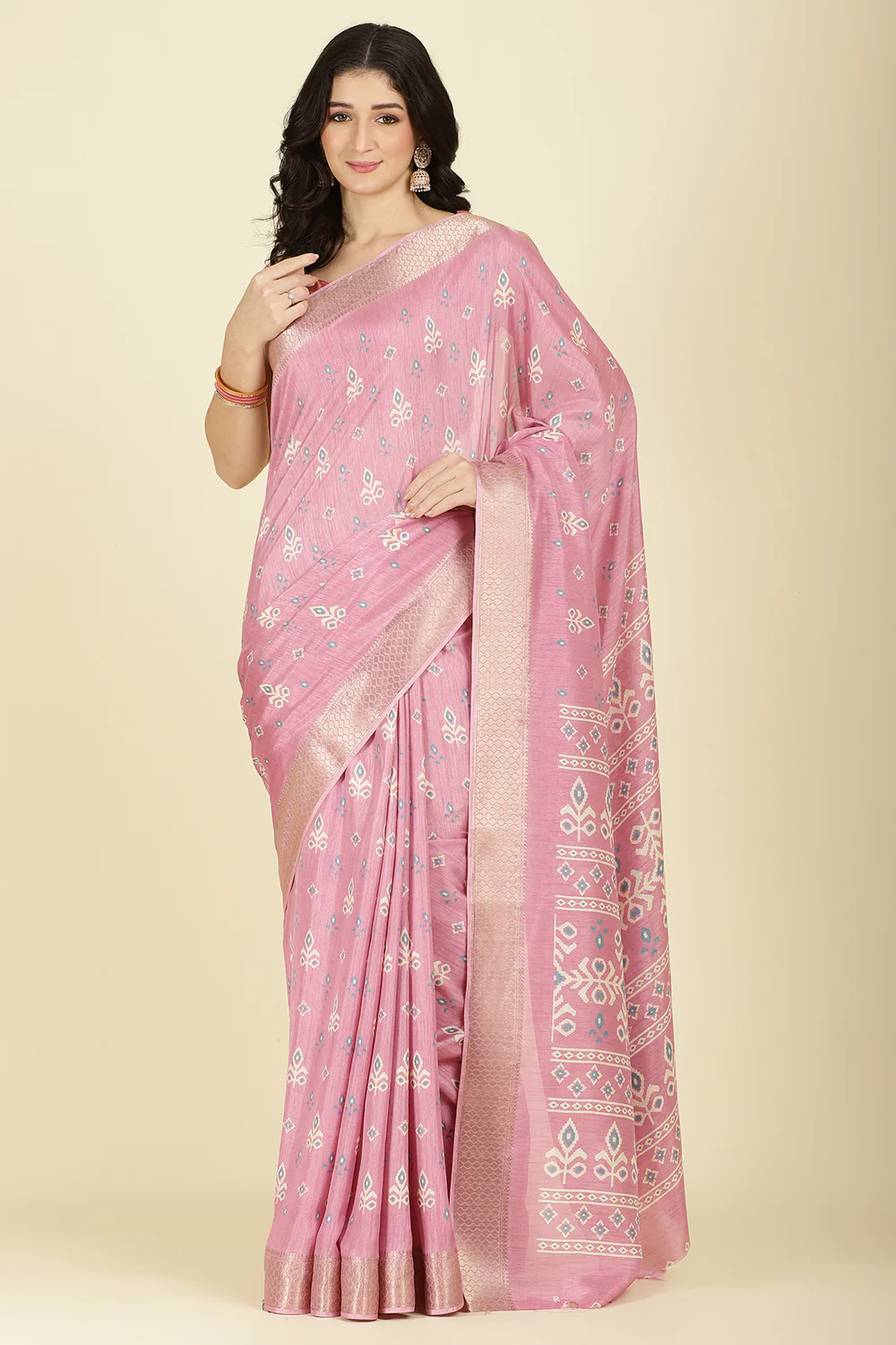 Pink Cotton Silk Printed And Zari Woven Saree - Image 5