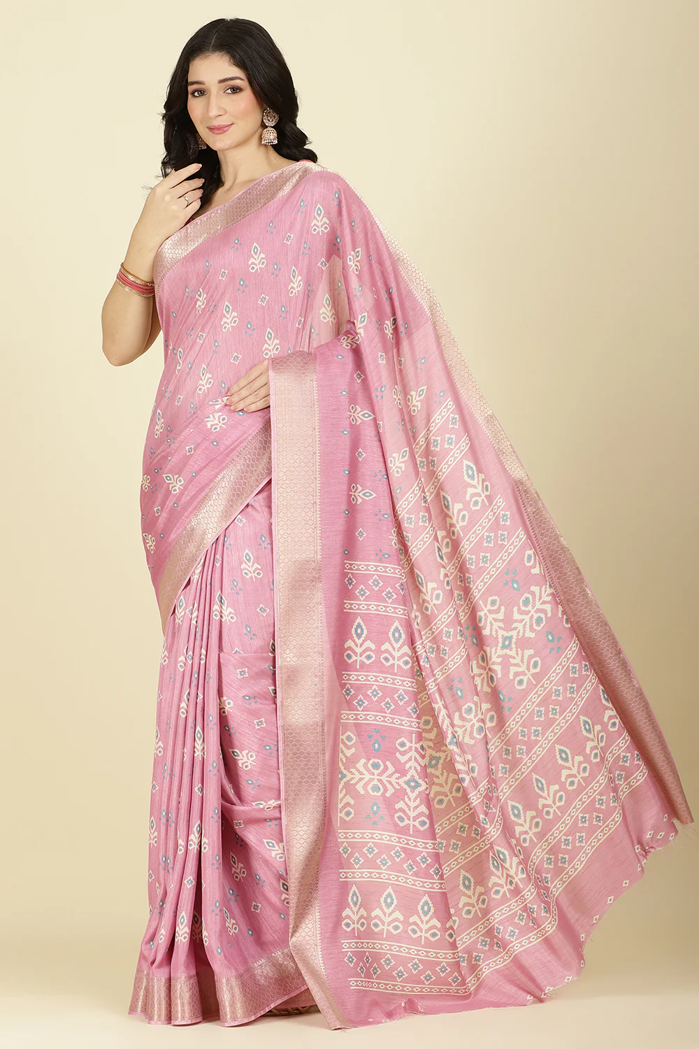Pink Cotton Silk Printed And Zari Woven Saree - Image 6