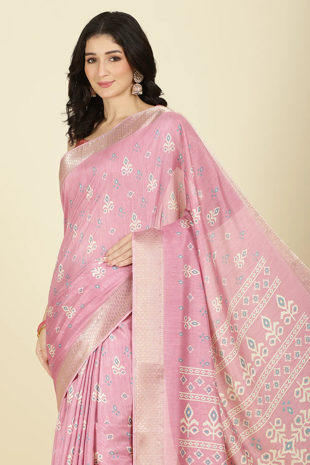 Pink Cotton Silk Printed And Zari Woven Saree - Image 7