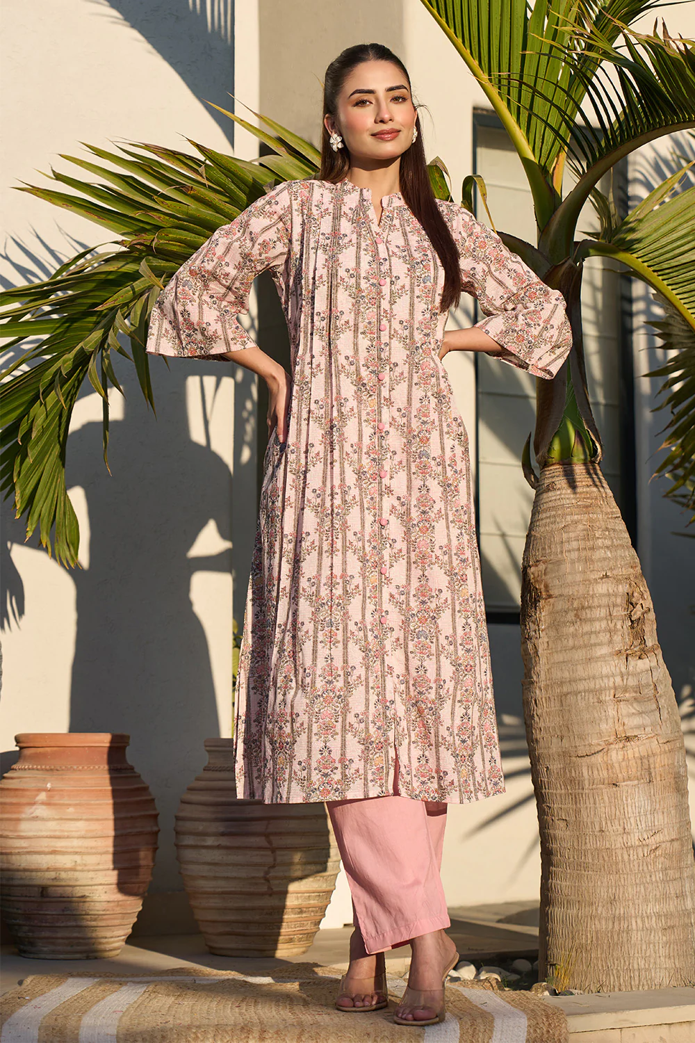 Pink Floral Printed Cotton Long Kurta Set - Image 2