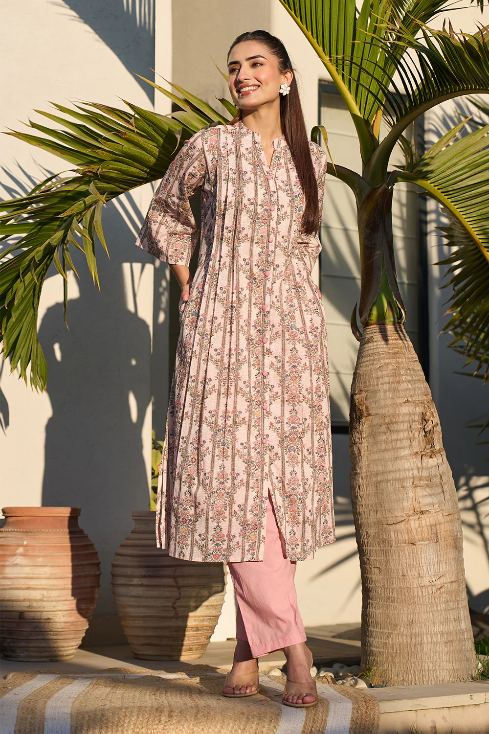 Pink Floral Printed Cotton Long Kurta Set - Image 4