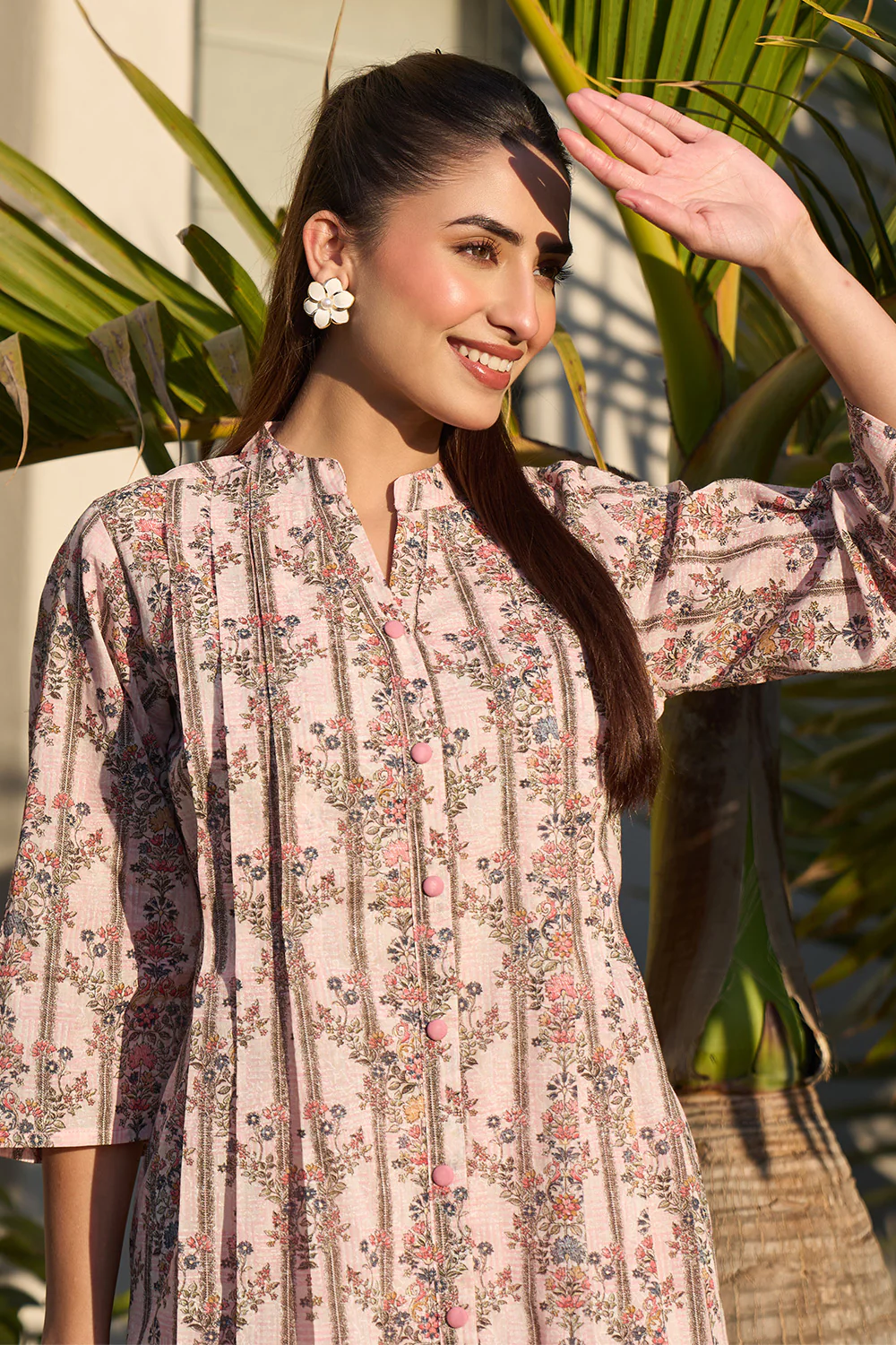 Pink Floral Printed Cotton Long Kurta Set - Image 6