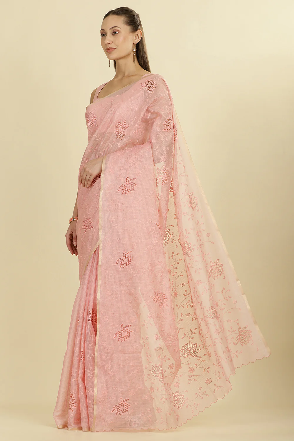 Pink Floral Resham Embroidered Cotton Saree - Image 4