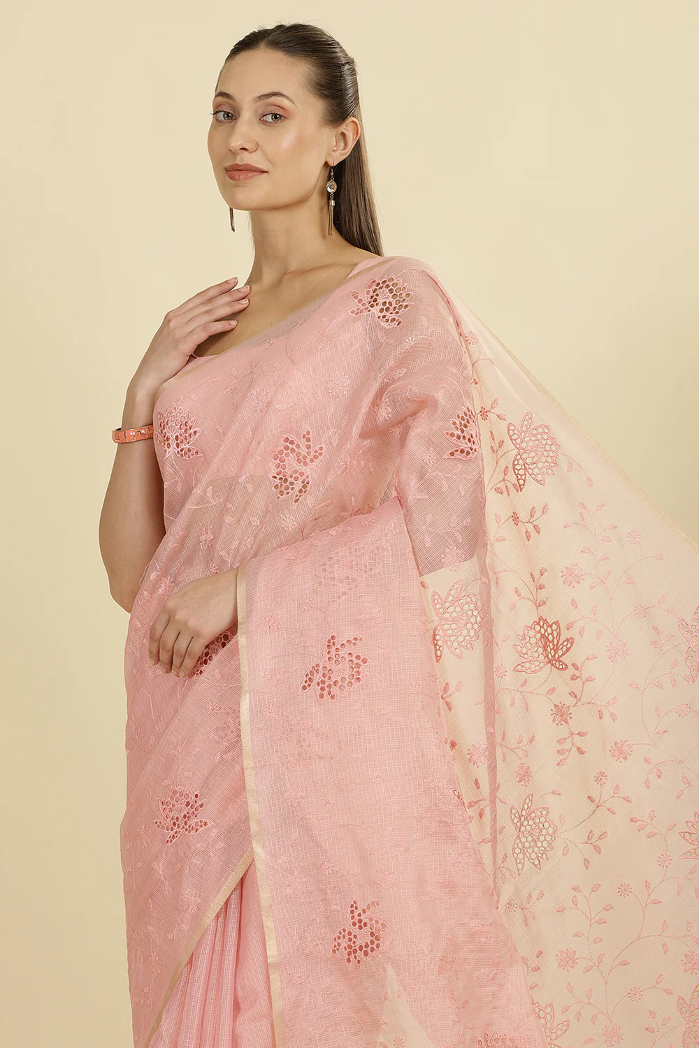 Pink Floral Resham Embroidered Cotton Saree - Image 6