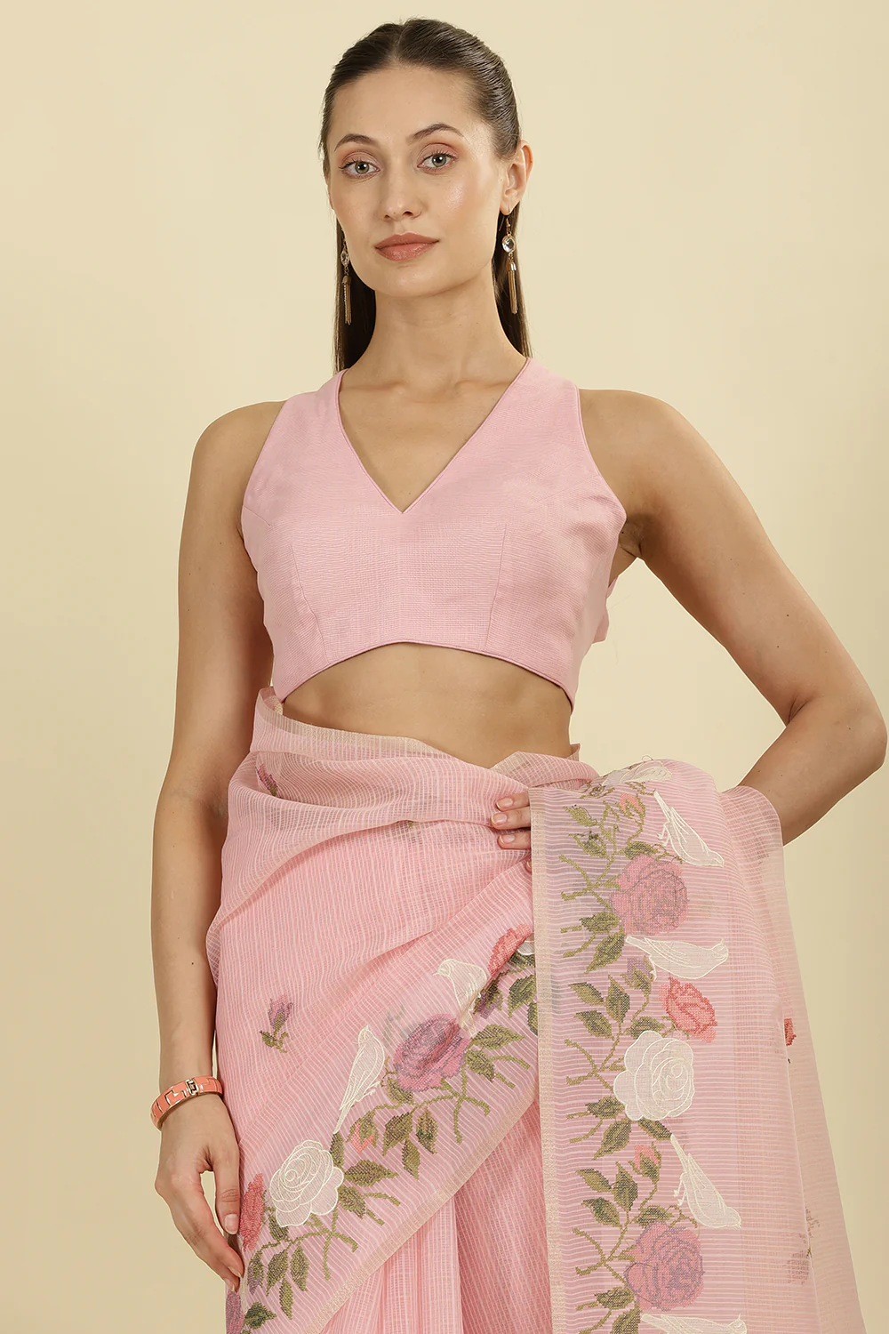 Pink Kota Cotton Floral Resham Embroidered And Zari Woven Saree - Image 8