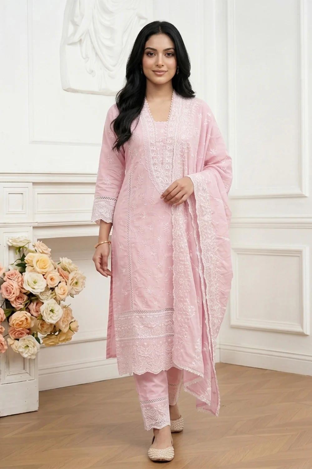 Pink Mul Cotton Chikankari Work Suit Set