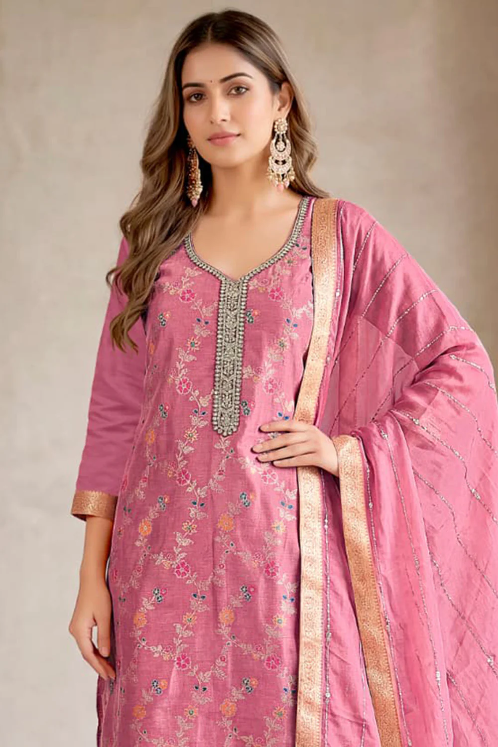 Pink Silk Resham And Zari Woven Unstitched Suit Fabric - Image 3