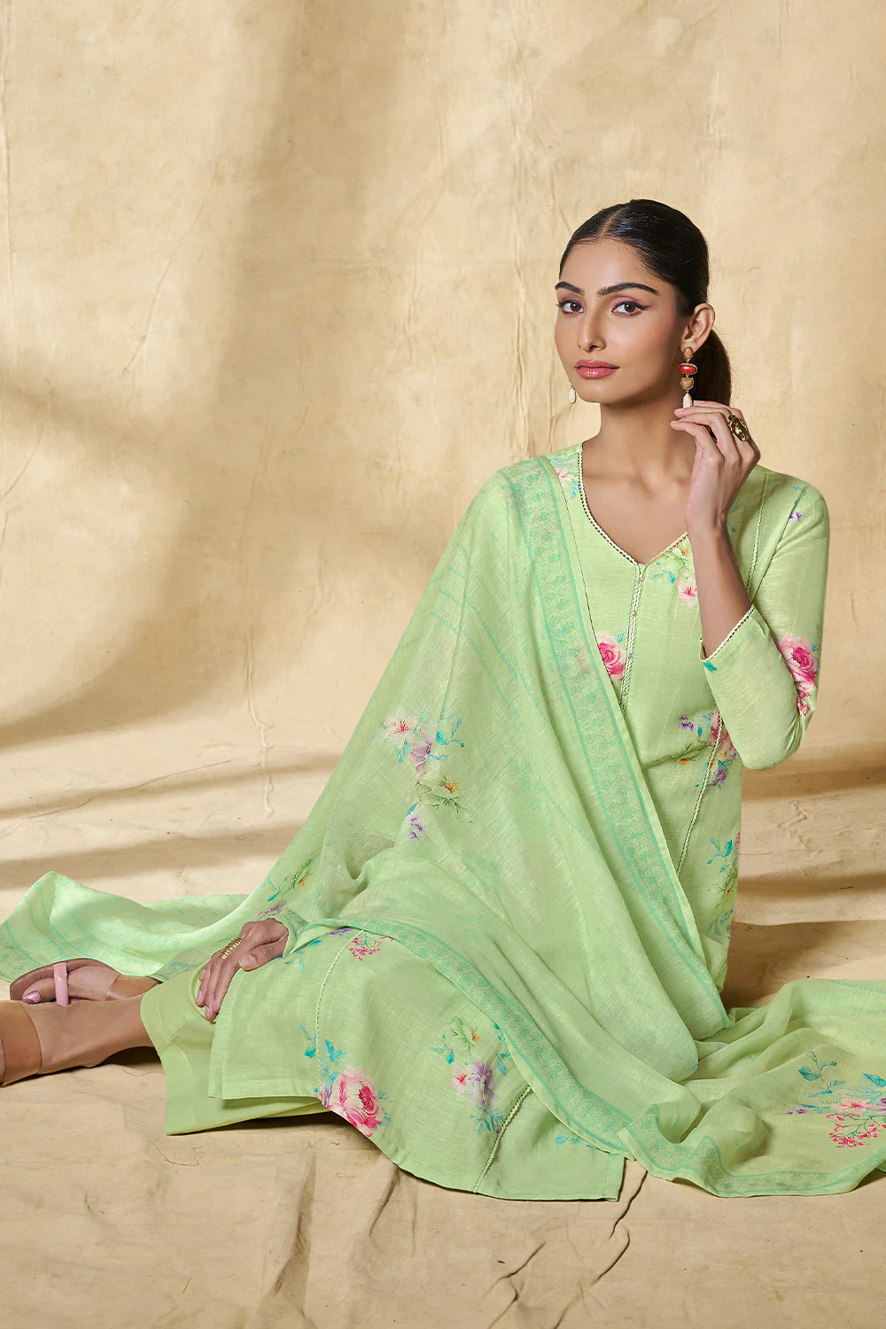 Pista Green Chanderi Cotton Floral Printed Suit Set - Image 7