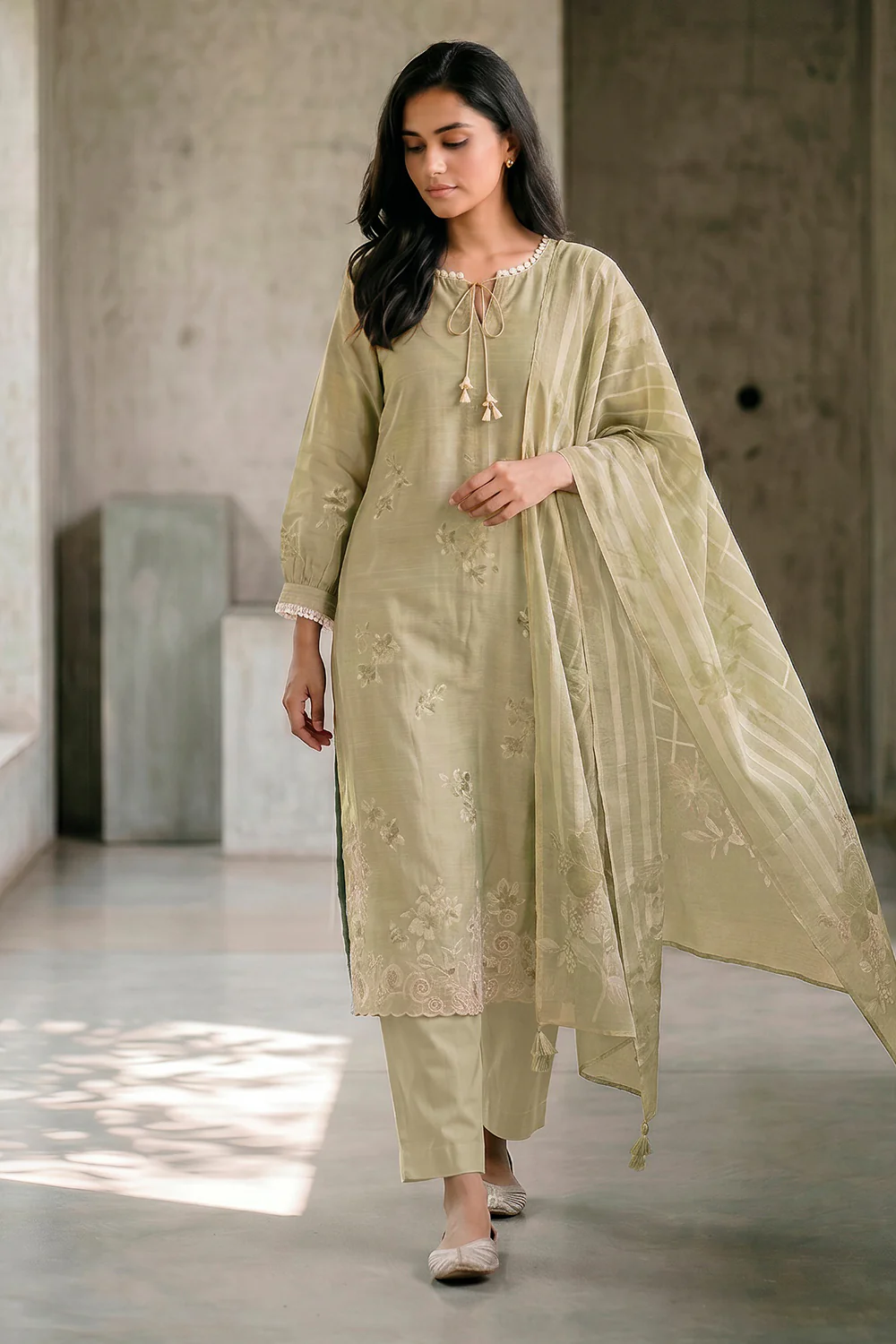 Pista Green Cotton Floral Resham Embroidered and Printed Unstitched Suit Material