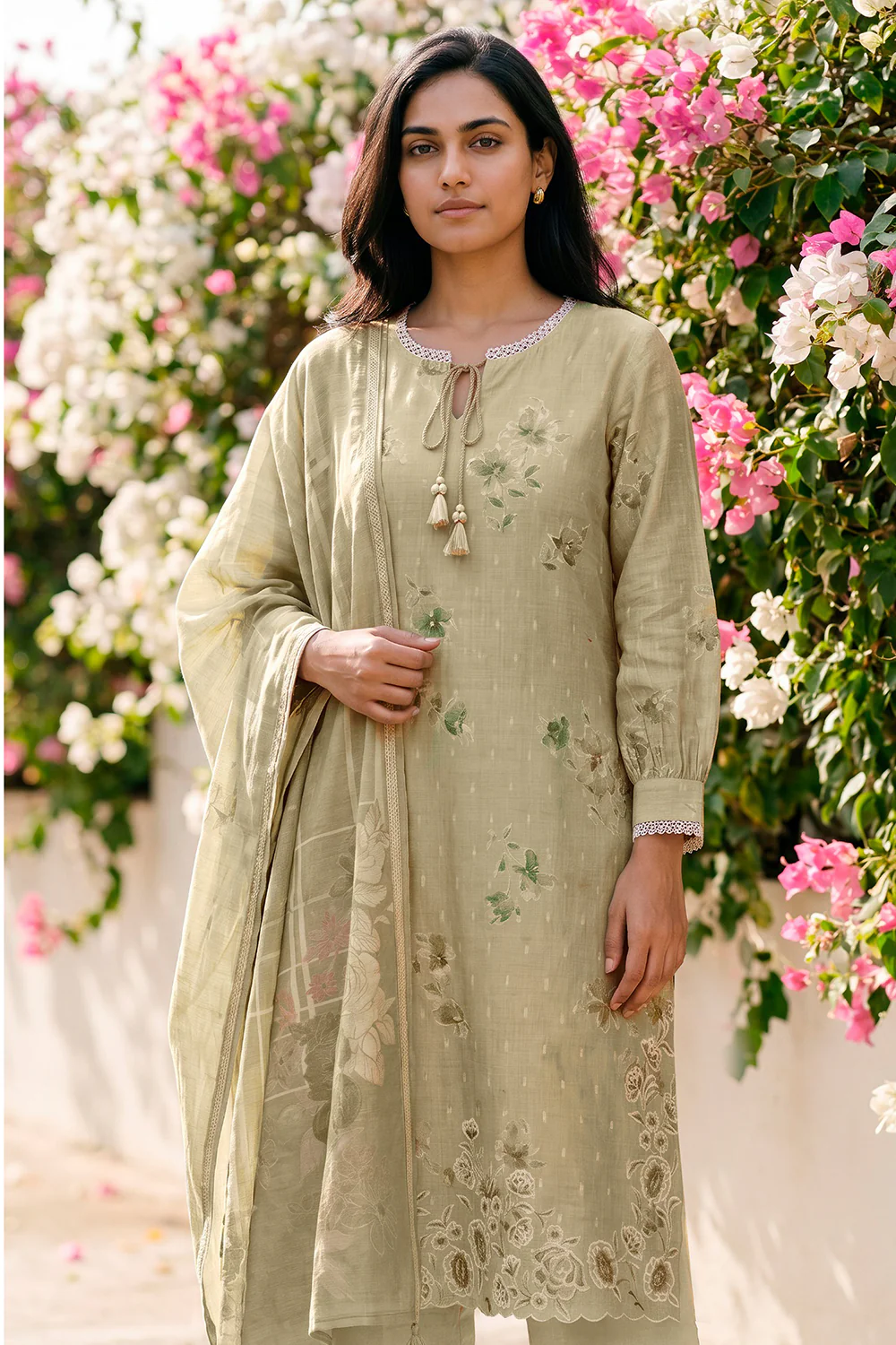 Pista Green Cotton Floral Resham Embroidered and Printed Unstitched Suit Material - Image 2