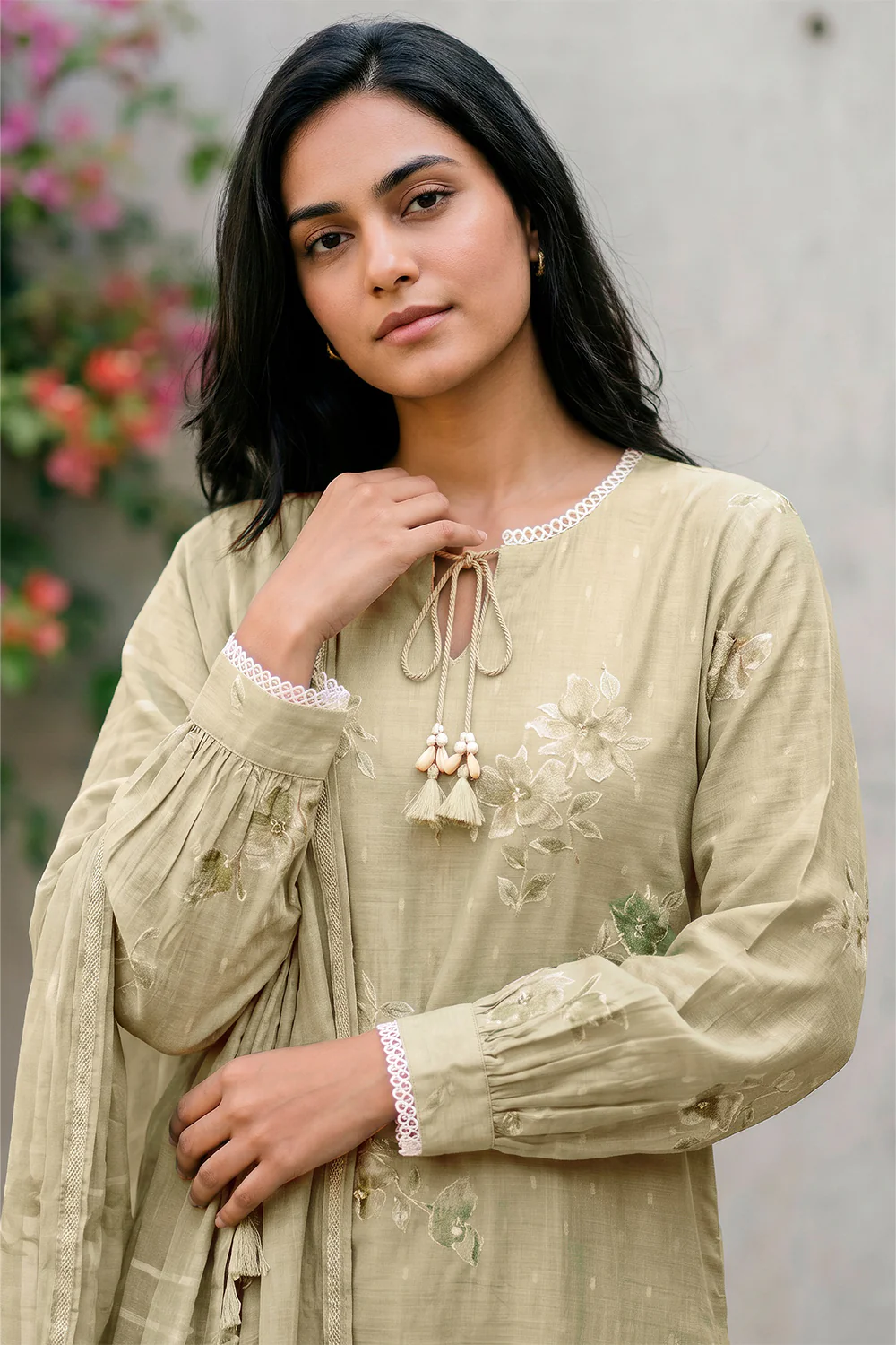 Pista Green Cotton Floral Resham Embroidered and Printed Unstitched Suit Material - Image 3