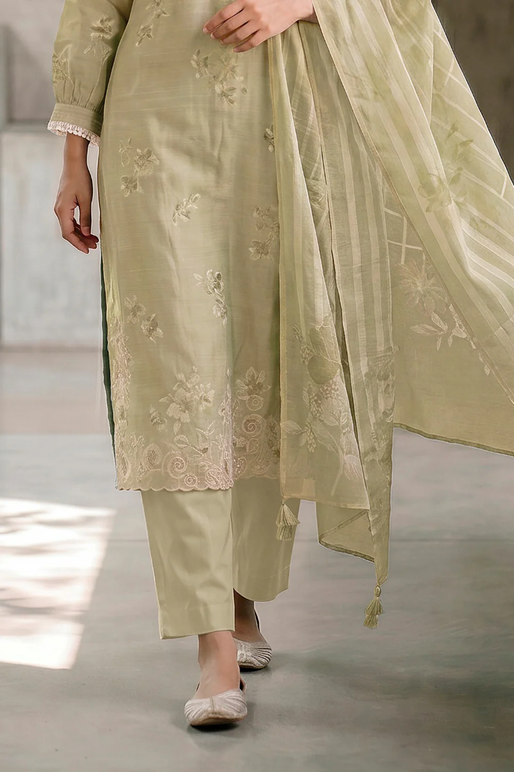 Pista Green Cotton Floral Resham Embroidered and Printed Unstitched Suit Material - Image 4