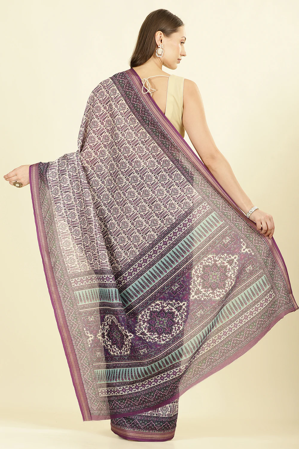 Purple Ajrakh Block Printed Cotton Saree - Image 3