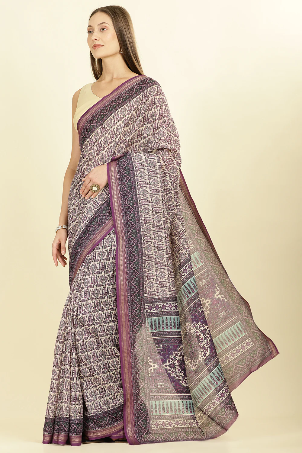 Purple Ajrakh Block Printed Cotton Saree - Image 5
