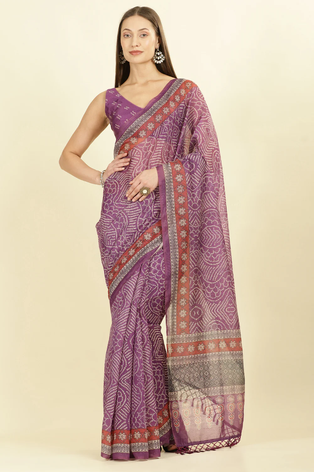 Purple Bandhani Printed Cotton Saree - Image 2