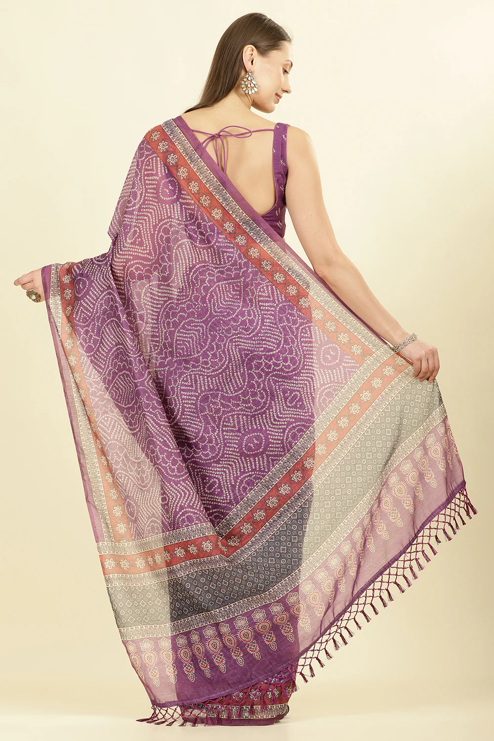 Purple Bandhani Printed Cotton Saree - Image 3