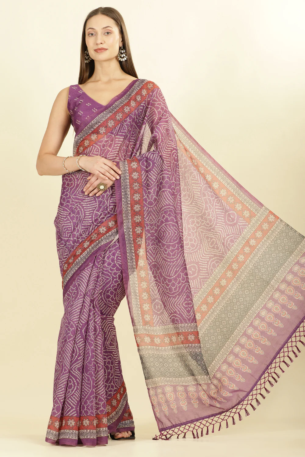 Purple Bandhani Printed Cotton Saree - Image 5