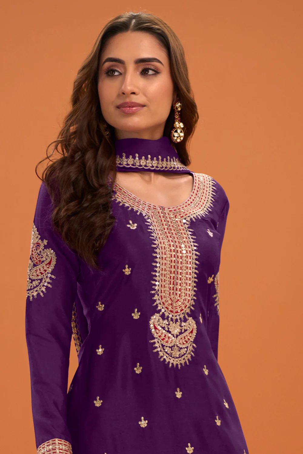 Purple Crepe Silk Zari and Sequins Embroidered Suit With Embroidered Palazzo - Image 2