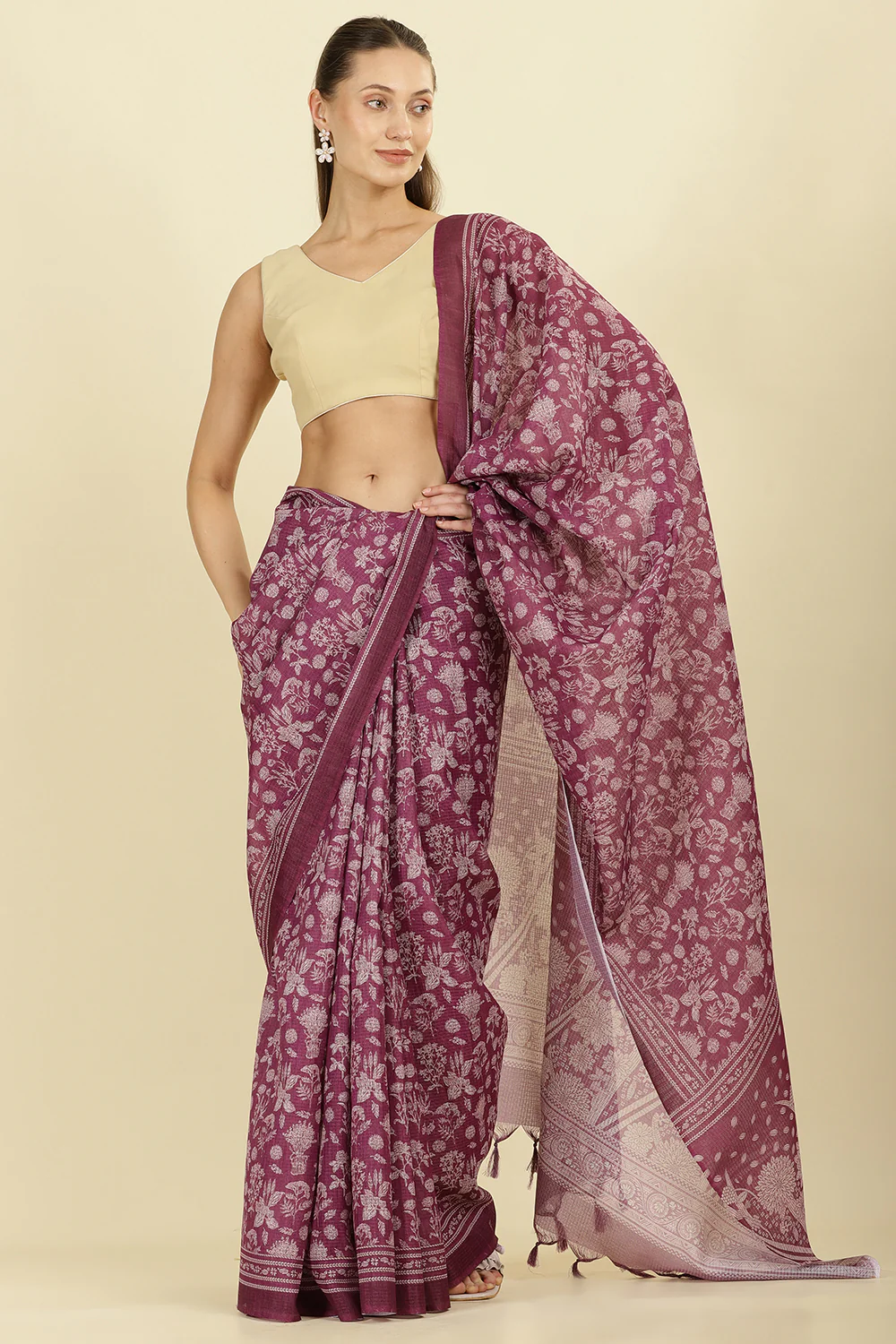 Purple Kota Cotton Floral Jaal Printed Saree - Image 2