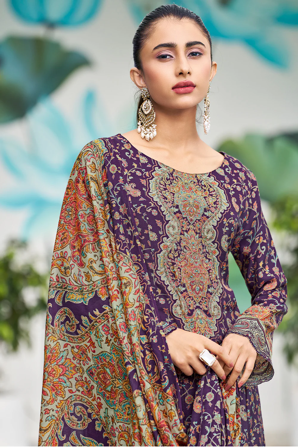 Purple Muslin Floral Printed Unstitched Suit Material - Image 6