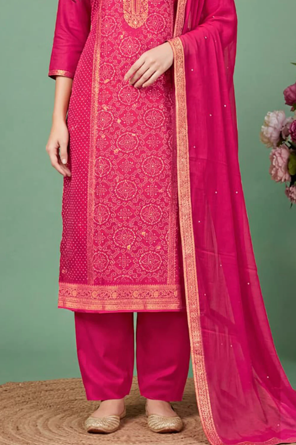 Rani Silk Bandhani Printed and Zari Woven Unstitched Suit Fabric - Image 2
