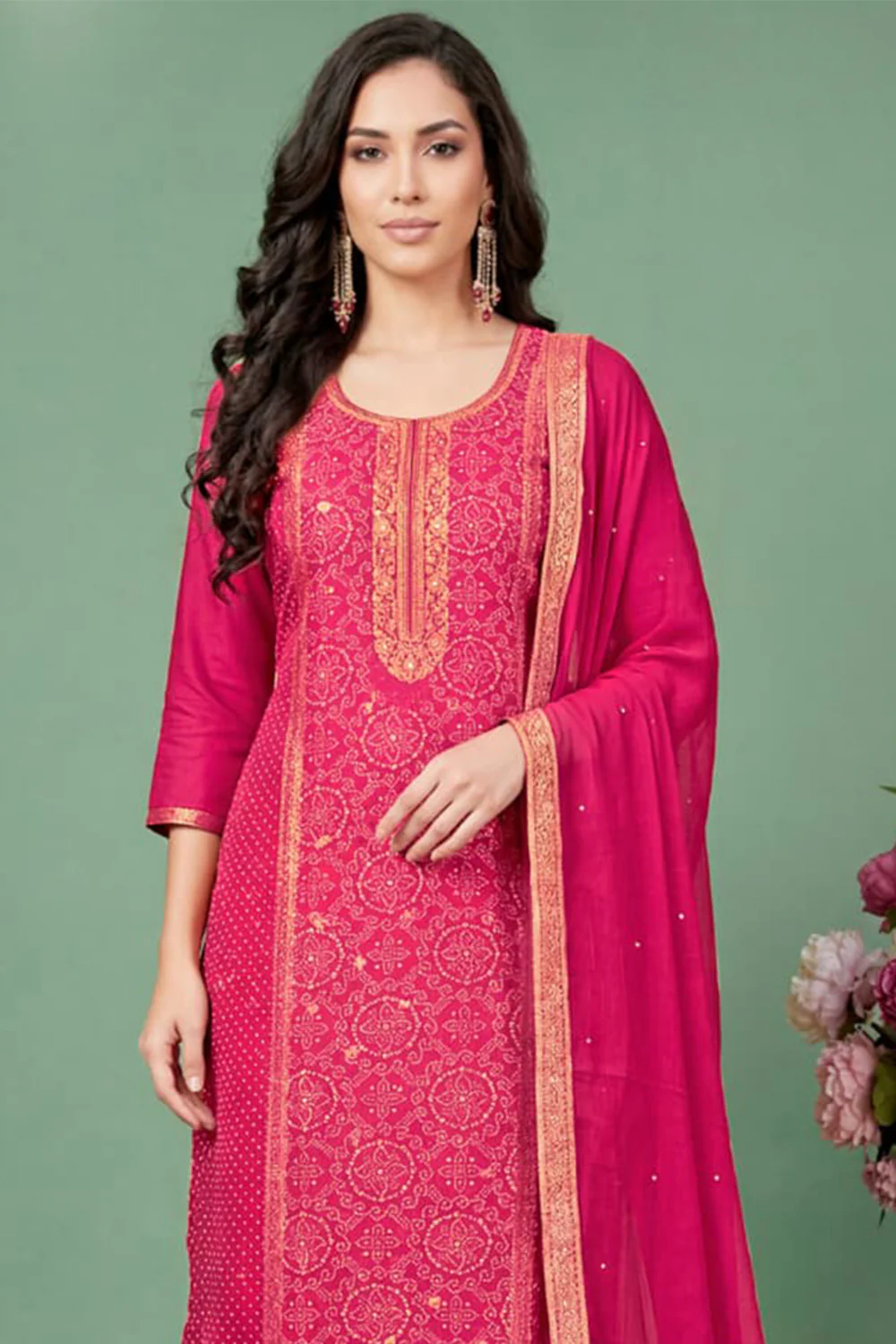 Rani Silk Bandhani Printed and Zari Woven Unstitched Suit Fabric - Image 3