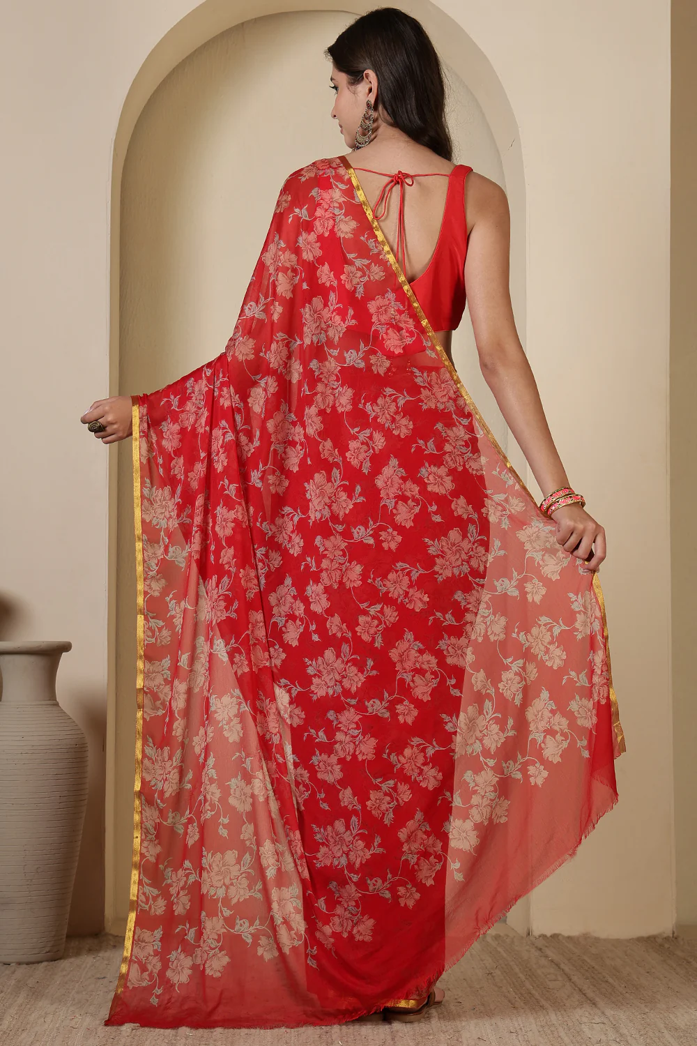 Red Chiffon Zari Border & Floral Printed Saree - Image 3