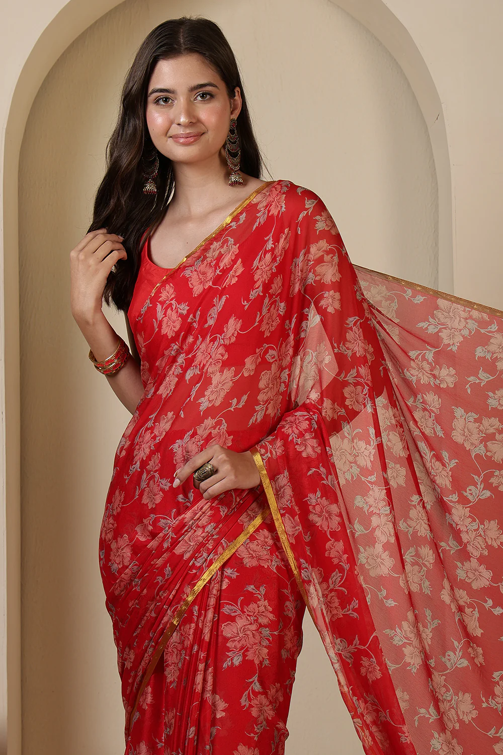 Red Chiffon Zari Border & Floral Printed Saree - Image 4