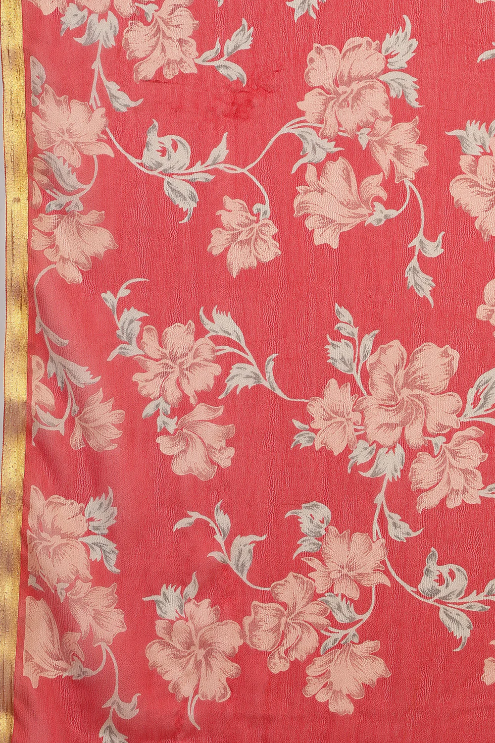 Red Chiffon Zari Border & Floral Printed Saree - Image 5