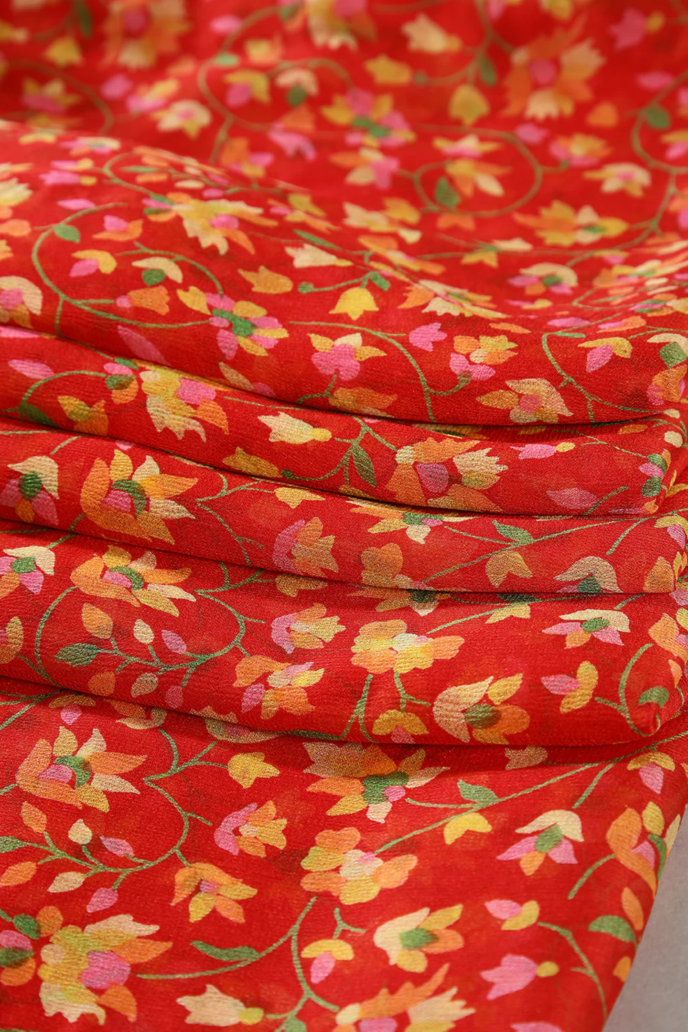 Red Color Chiffon Floral Zari Border Printed Saree - Image 2