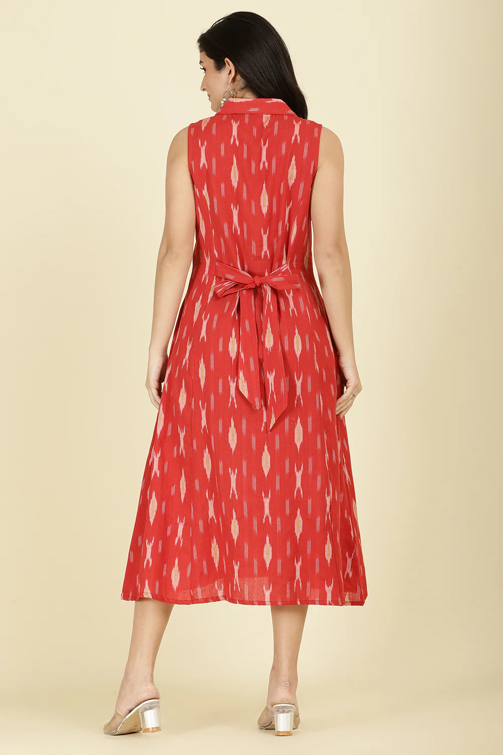 Red Cotton Ikat Printed Peonies Dress - Image 3