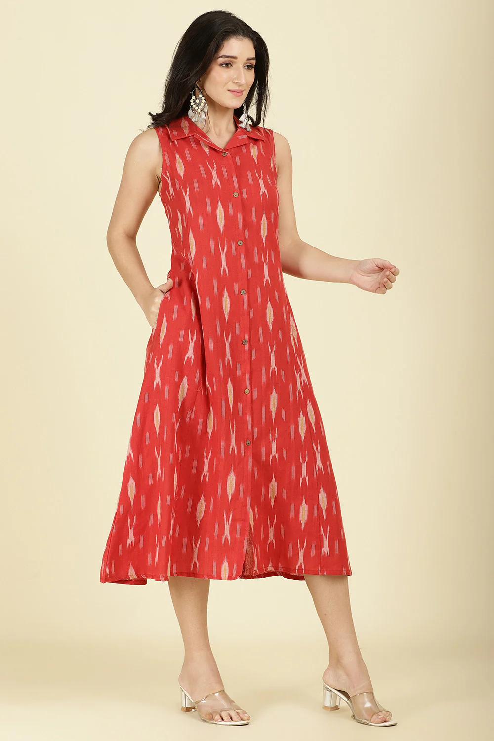 Red Cotton Ikat Printed Peonies Dress - Image 4