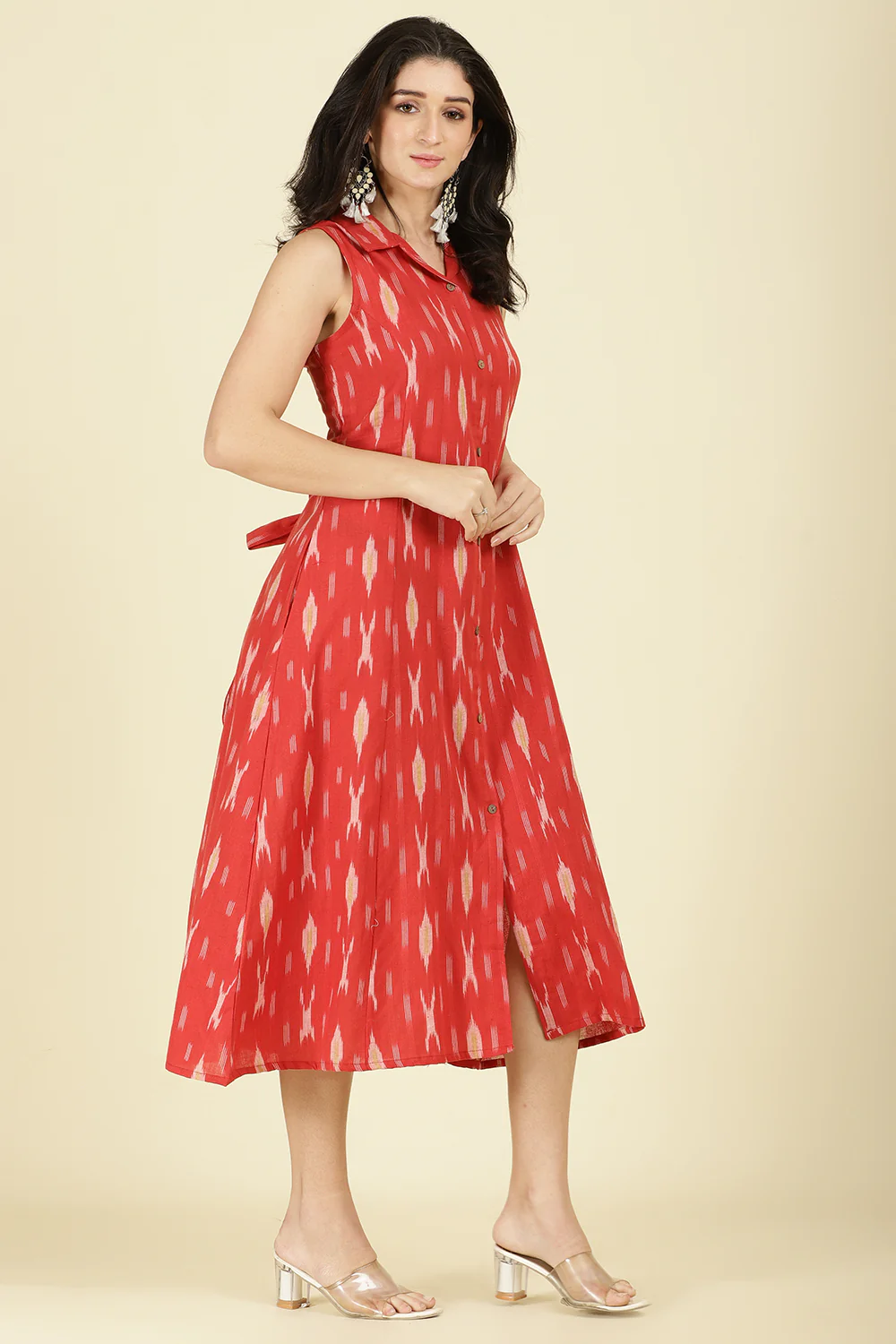 Red Cotton Ikat Printed Peonies Dress - Image 6