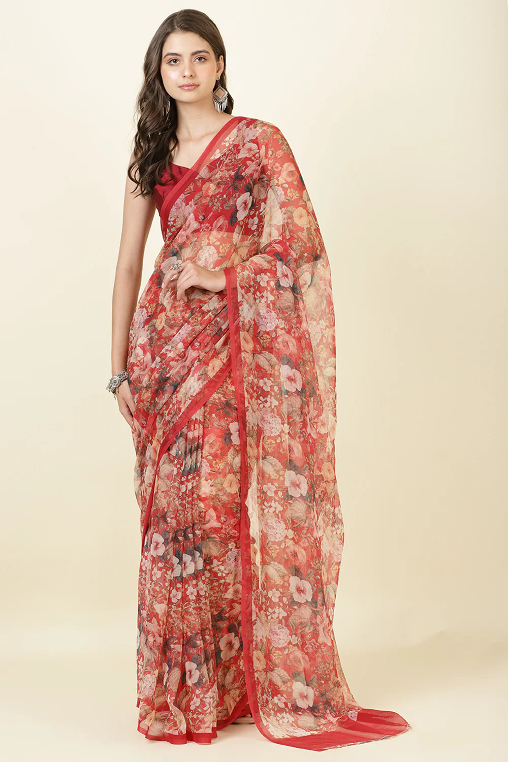 Red Floral Printed Chiffon Saree - Image 2