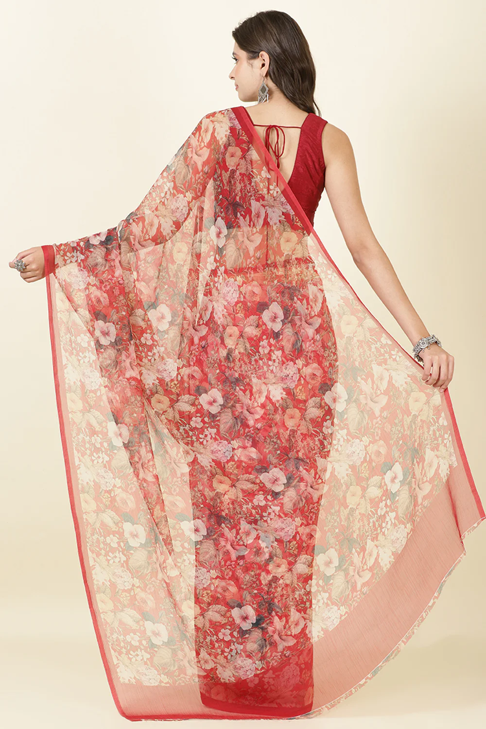 Red Floral Printed Chiffon Saree - Image 3