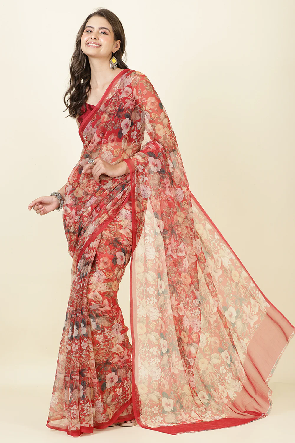Red Floral Printed Chiffon Saree - Image 4