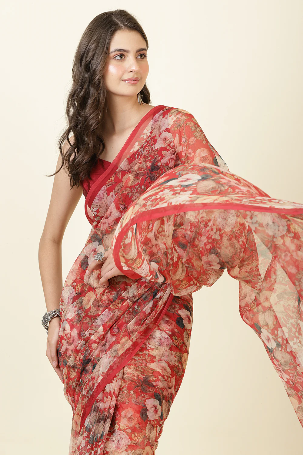 Red Floral Printed Chiffon Saree - Image 6