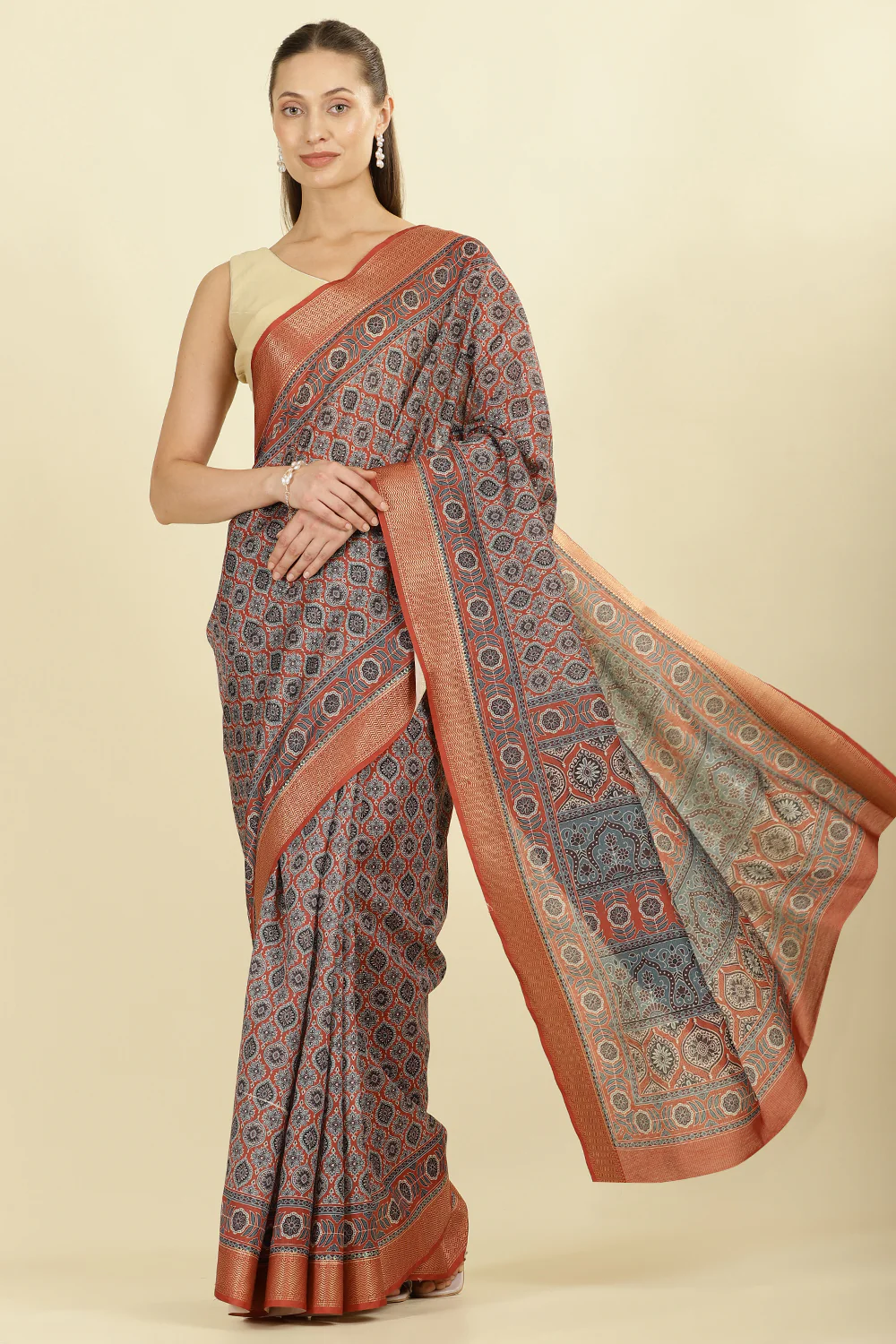 Rust Ajrakh Block Printed Cotton Saree - Image 2