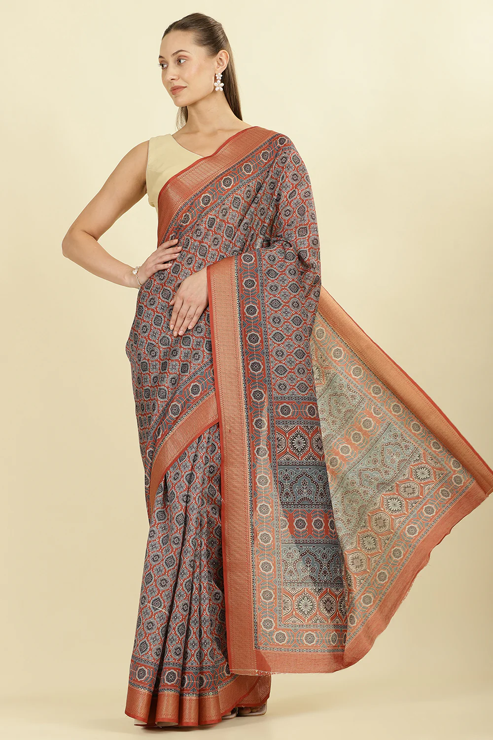 Rust Ajrakh Block Printed Cotton Saree - Image 4