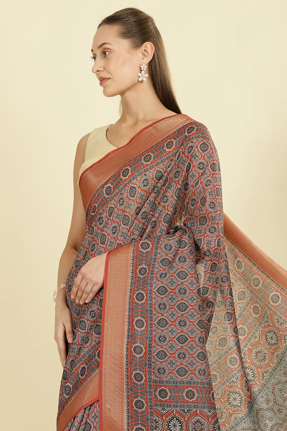 Rust Ajrakh Block Printed Cotton Saree - Image 6
