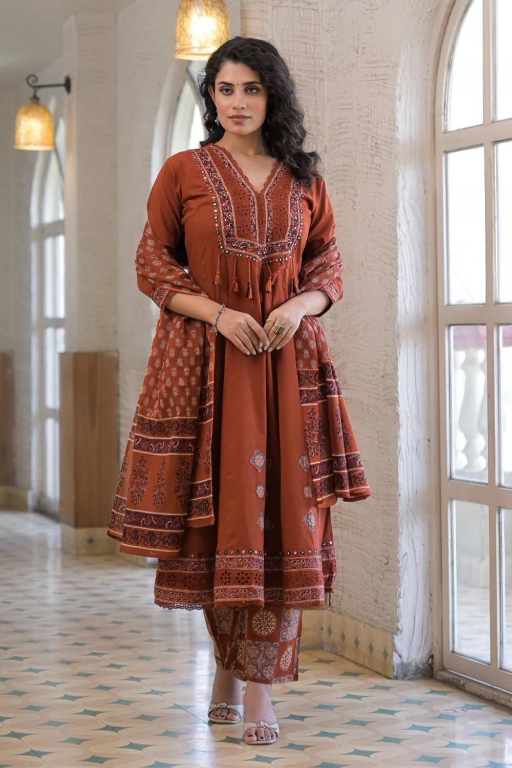 Rust Cotton Neck-Embroidered And Printed Anarkali Suit