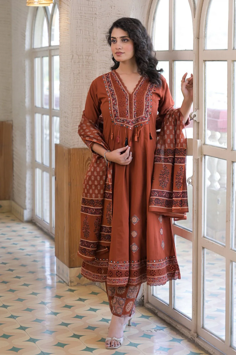 Rust Cotton Neck-Embroidered And Printed Anarkali Suit - Image 2