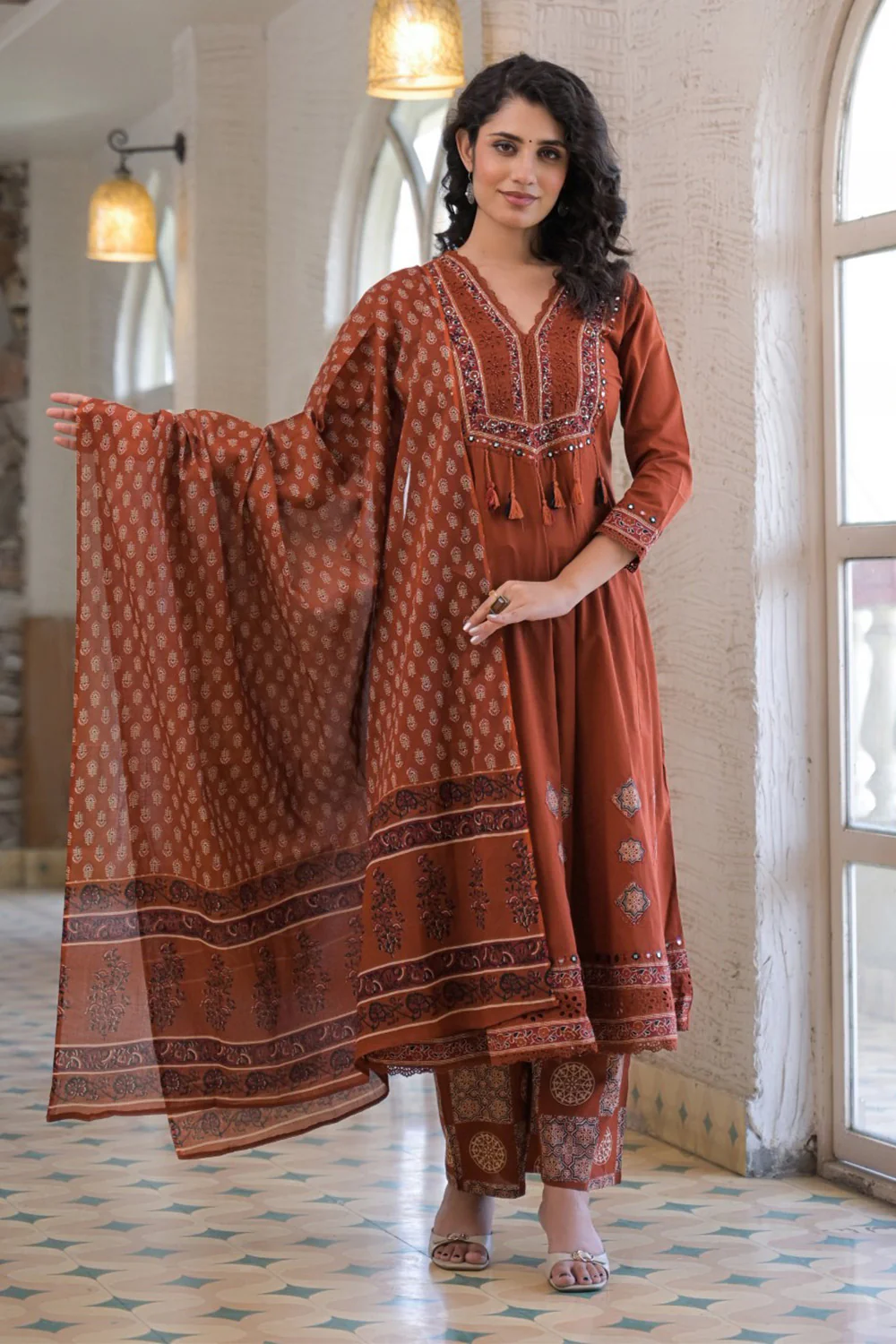 Rust Cotton Neck-Embroidered And Printed Anarkali Suit - Image 4