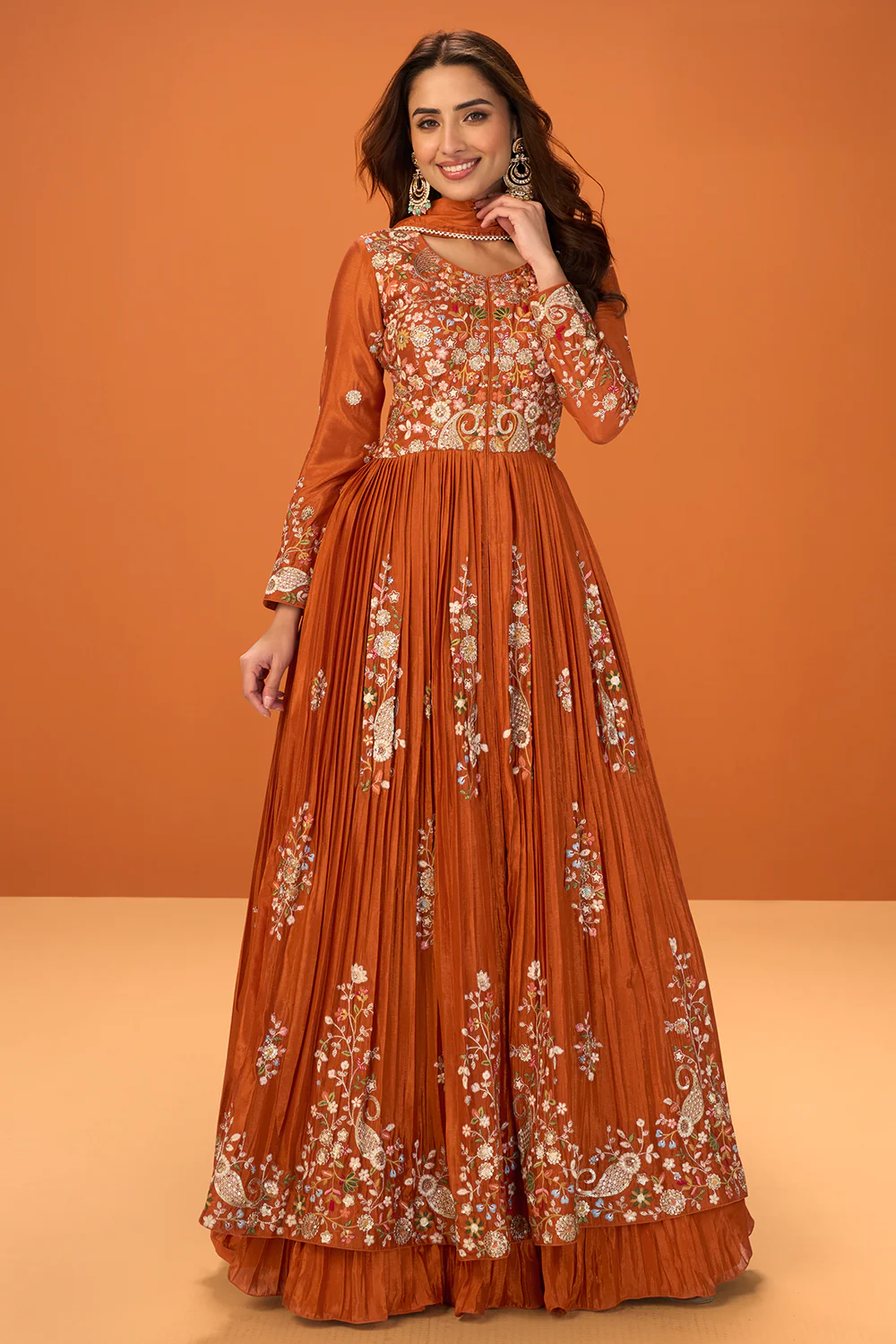 Rust Crepe Silk Embroidered Anarkali Suit With Skirt