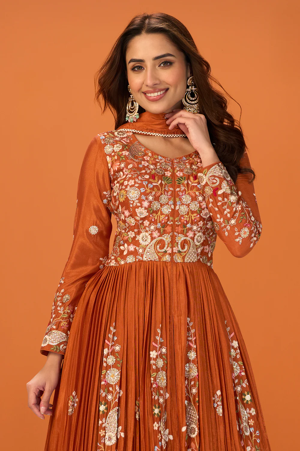 Rust Crepe Silk Embroidered Anarkali Suit With Skirt - Image 2