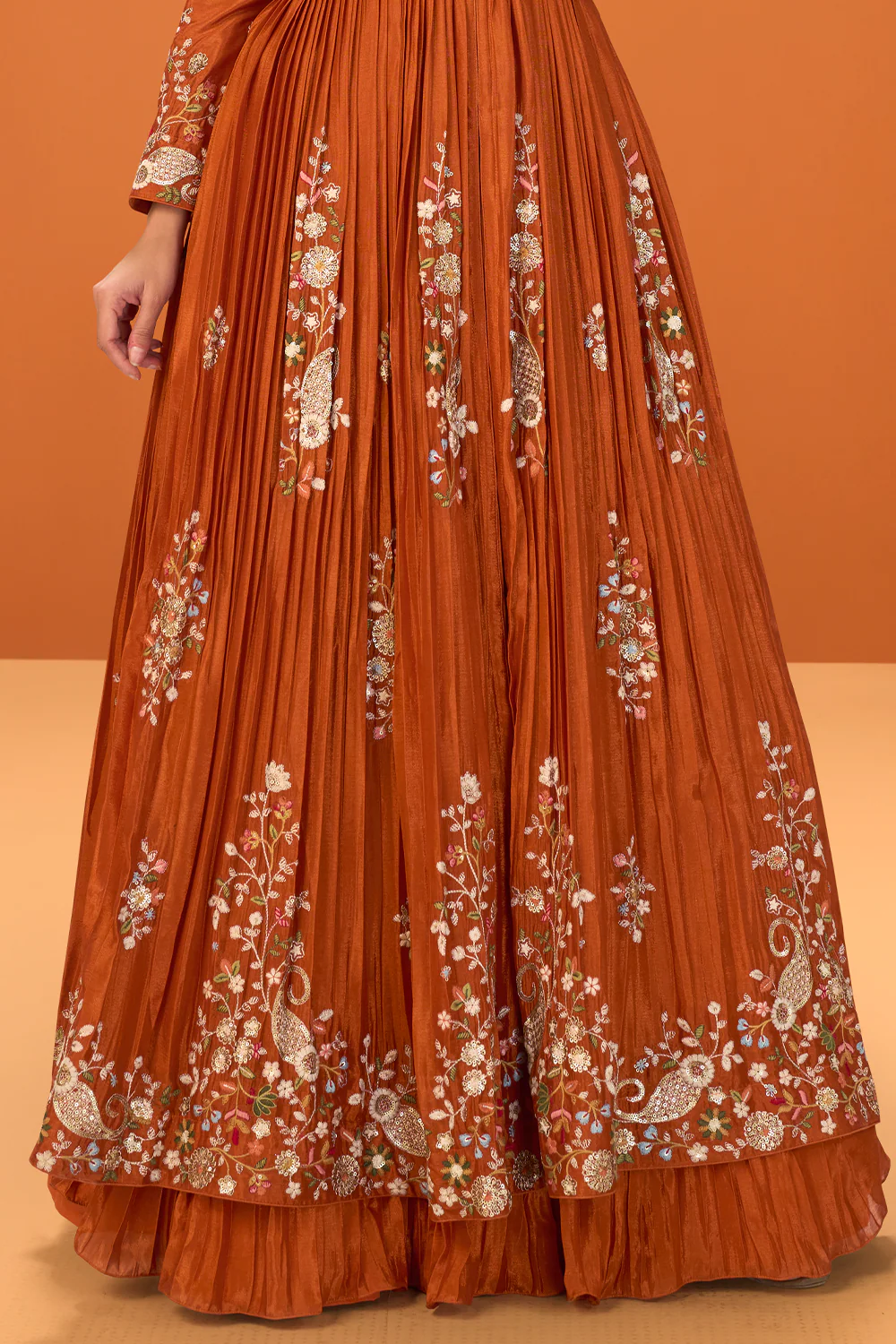 Rust Crepe Silk Embroidered Anarkali Suit With Skirt - Image 3
